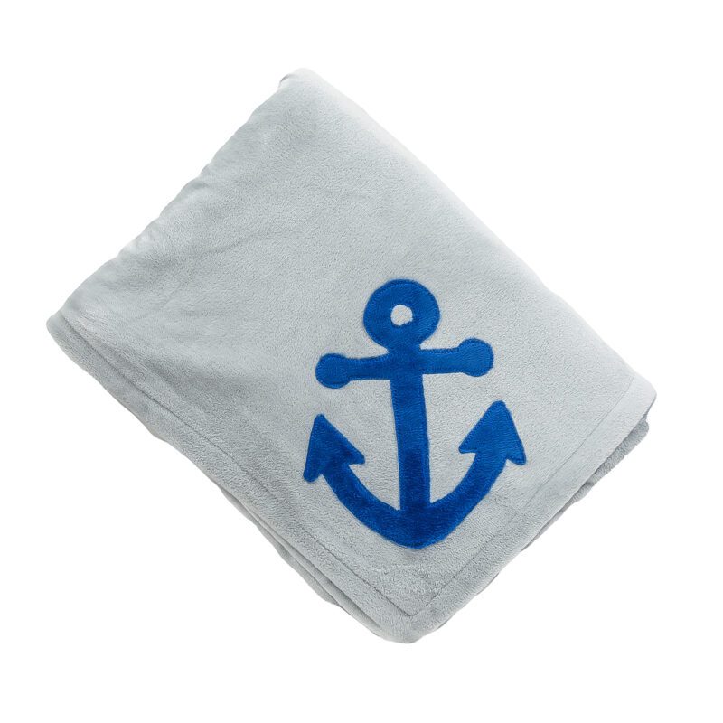 Minky Blanket 50” x 60” - Light Grey w/Royal Anchor